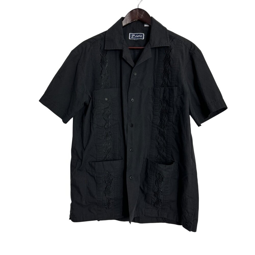 Lada Mens Shirt Size Large Black Embroidered Short Sleeve Button Front